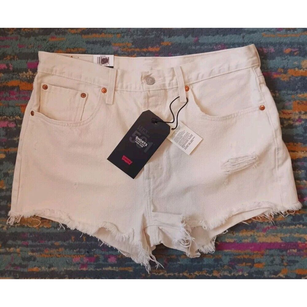 Levi's Women's 501 High Rise Shorts Size 32 Off White Distressed Button Fly NWT